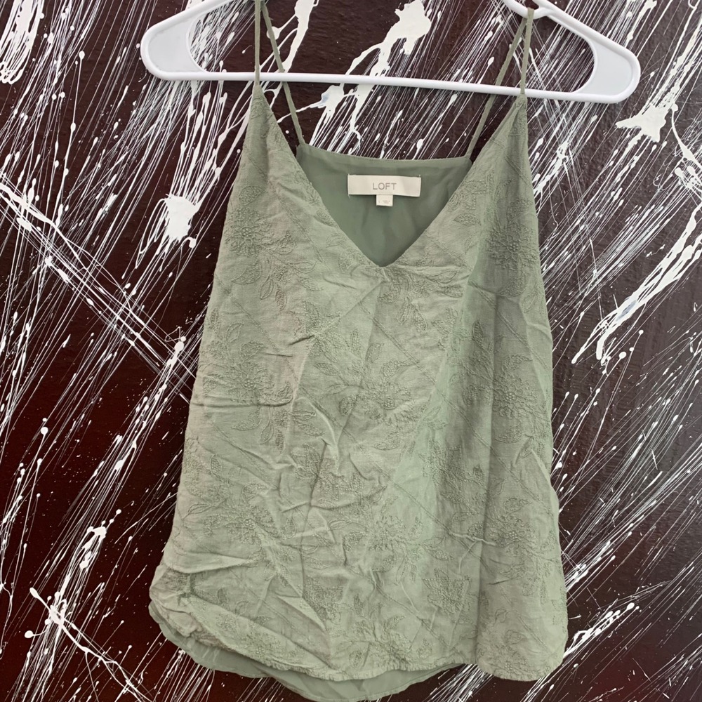 LOFT Sage Green Floral Embroidered V-Neck Cami Tank Top Size L